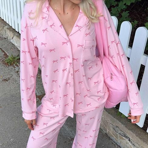 Bocymolay Women 2 Piece Pajamas Set Y2k Printed Button Long Sleeve Shirt Wide Leg Pants Loungewear Pjs Outfits in Kuwait