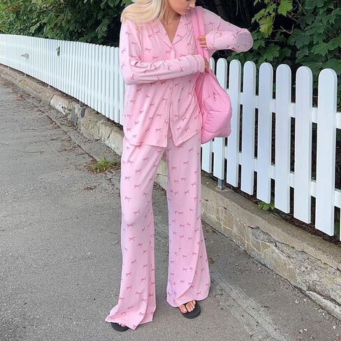 Bocymolay Women 2 Piece Pajamas Set Y2k Printed Button Long Sleeve Shirt Wide Leg Pants Loungewear Pjs Outfits in Kuwait