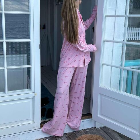 Bocymolay Women 2 Piece Pajamas Set Y2k Printed Button Long Sleeve Shirt Wide Leg Pants Loungewear Pjs Outfits in Kuwait