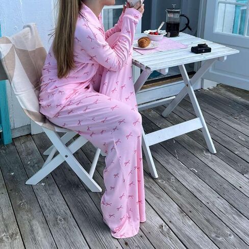 Bocymolay Women 2 Piece Pajamas Set Y2k Printed Button Long Sleeve Shirt Wide Leg Pants Loungewear Pjs Outfits in Kuwait