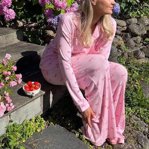 Bocymolay Women 2 Piece Pajamas Set Y2k Printed Button Long Sleeve Shirt Wide Leg Pants Loungewear Pjs Outfits in Kuwait