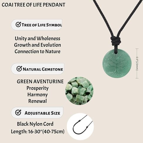 COAI Tree of Life Necklace Green Aventurine Pendant, Adjustable Nylon Cord/Leather Necklace for Men Women in Saudi Arabia