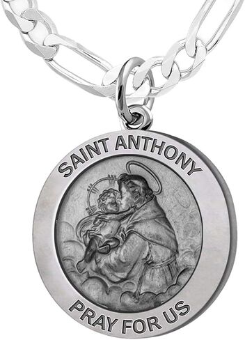 US Jewels And Gems Men's 925 Sterling Silver Saint Anthony 1in Antique Finish Round Pendant Necklace, 18in to 24in in Saudi Arabia