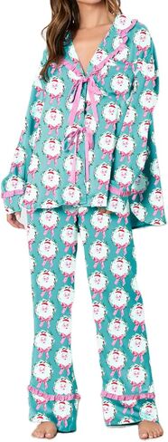 Argeousgor Women 2 Piece Christmas Pajamas Set Bow Tie Long Sleeve Button Shirts Ruffle Pants Cute Pjs Sets Sleepwear in Saudi Arabia