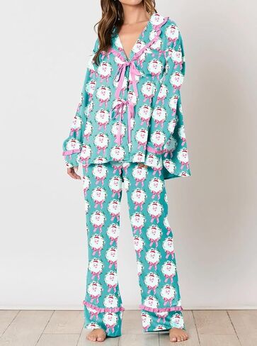 Argeousgor Women 2 Piece Christmas Pajamas Set Bow Tie Long Sleeve Button Shirts Ruffle Pants Cute Pjs Sets Sleepwear in Saudi Arabia