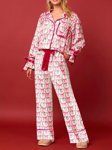 Argeousgor Women 2 Piece Christmas Pajamas Set Bow Tie Long Sleeve Button Shirts Ruffle Pants Cute Pjs Sets Sleepwear in Saudi Arabia