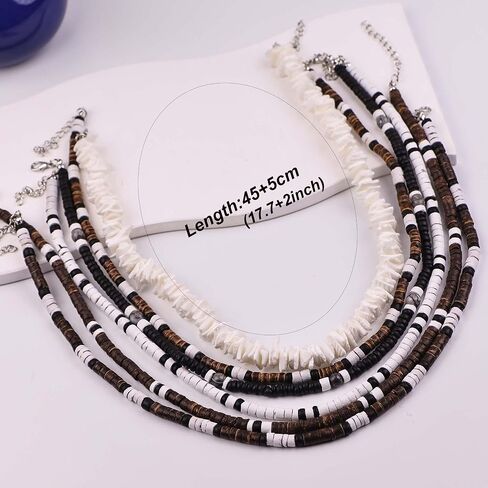 6Pcs Puka Shell Necklace Men Seashell Surfer Necklace for Men Women Hawaiian Choker White Necklaces Set Summer Beach Jewelry in Saudi Arabia
