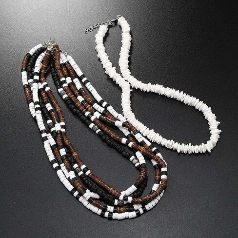 6Pcs Puka Shell Necklace Men Seashell Surfer Necklace for Men Women Hawaiian Choker White Necklaces Set Summer Beach Jewelry in Saudi Arabia