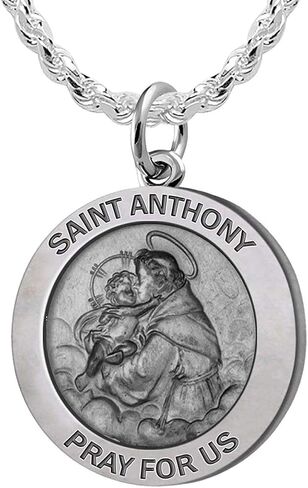 US Jewels And Gems Men's 925 Sterling Silver Saint Anthony 1in Antique Finish Round Pendant Necklace, 18in to 24in in Saudi Arabia