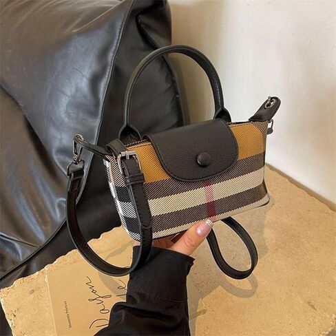 Mini Plaid Canvas Handbag for Women PU Leather Top Handle Checked Bucket Hand Bag in Saudi Arabia