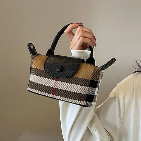Mini Plaid Canvas Handbag for Women PU Leather Top Handle Checked Bucket Hand Bag in Saudi Arabia