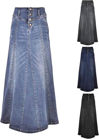 الأرداف الملتوية للنساء الرجعية A-LINE FISHLACTION LONG DENIM SKIRT WIND'S LARGE BODY DENIM TRIMER LONG SKIRT in Kuwait