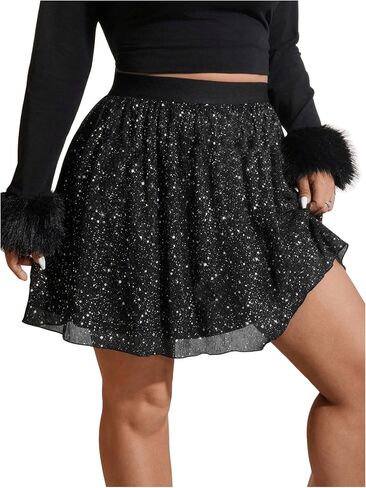 Floerns Women's Plus Size Glitter Sequin High Waist Mini Skirt Mesh Party A Line Skirt in Saudi Arabia