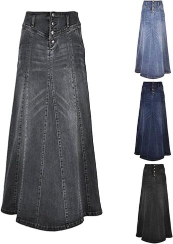 الأرداف الملتوية للنساء الرجعية A-LINE FISHLACTION LONG DENIM SKIRT WIND'S LARGE BODY DENIM TRIMER LONG SKIRT in Kuwait