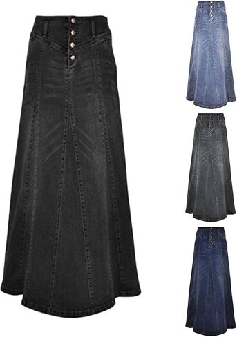 الأرداف الملتوية للنساء الرجعية A-LINE FISHLACTION LONG DENIM SKIRT WIND'S LARGE BODY DENIM TRIMER LONG SKIRT in Kuwait