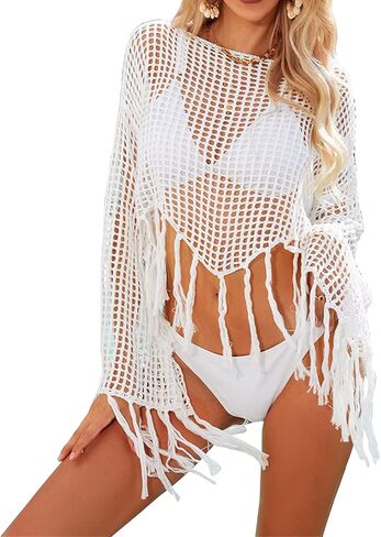 Womens Summer Crochet Hollow Out Out Long Sleeve Beach Bikini Bikini Swimsuit Mesh Cover Up Tunic Top in Kuwait
