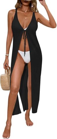 Womens Crochet Knit Swimsuit Coverup Beach Cardigan Summer 2025 Tie Front Sleeveless Bathing Suit Cover Up Kimono in Saudi Arabia