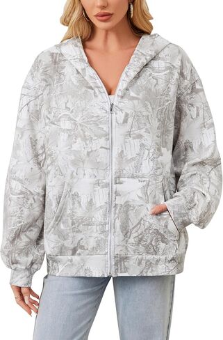 Women Oversized Camo Fleece Hoodies Full Zip Up Sweatshirt Casual Long Sleeve Jackets Trendy Fall Clothes With Pockets in Kuwait