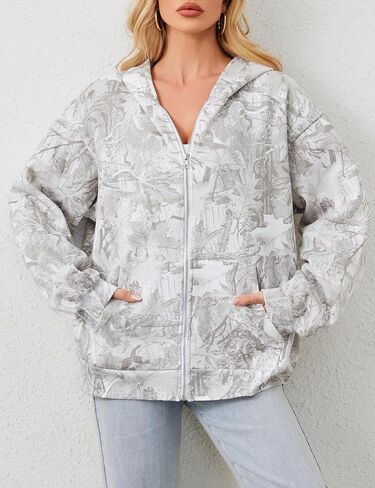 Women Oversized Camo Fleece Hoodies Full Zip Up Sweatshirt Casual Long Sleeve Jackets Trendy Fall Clothes With Pockets in Kuwait