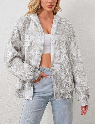 Women Oversized Camo Fleece Hoodies Full Zip Up Sweatshirt Casual Long Sleeve Jackets Trendy Fall Clothes With Pockets in Kuwait