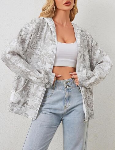 Women Oversized Camo Fleece Hoodies Full Zip Up Sweatshirt Casual Long Sleeve Jackets Trendy Fall Clothes With Pockets in Kuwait