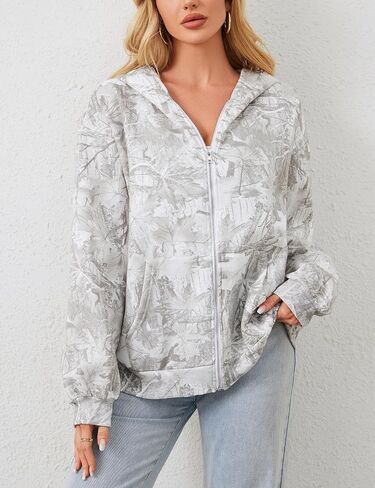 Women Oversized Camo Fleece Hoodies Full Zip Up Sweatshirt Casual Long Sleeve Jackets Trendy Fall Clothes With Pockets in Kuwait