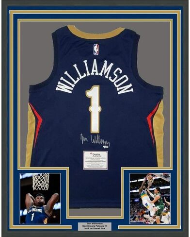Framed Autographed/Signed Zion Williamson 33x42 New Orleans Pelicans Blue Swingman Nike Basketball Jersey Fanatics COA in Saudi Arabia