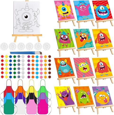 Ireer 12 Set Inspirational Pre Drawn Canvas for Painting Kit for Kids Sip and Paint Kit, 12 Printed Canvas 12 Easels 36 Brushes 12 Palettes 12 Apron for DIY Art Paint Back to School Party Birthday in Kuwait