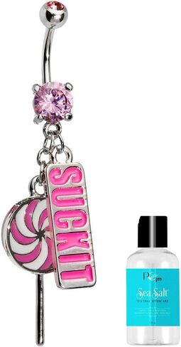 14G BELLY RING PINK CZ GEM 316L Surgical Steel Suck It Dangle Belly Button Rings Pink Lollipop Dangle Lext Sexy Bercings Jewelry 7/16 "(11mm) in Saudi Arabia