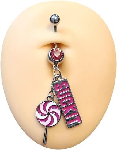 14G BELLY RING PINK CZ GEM 316L Surgical Steel Suck It Dangle Belly Button Rings Pink Lollipop Dangle Lext Sexy Bercings Jewelry 7/16 "(11mm) in Saudi Arabia