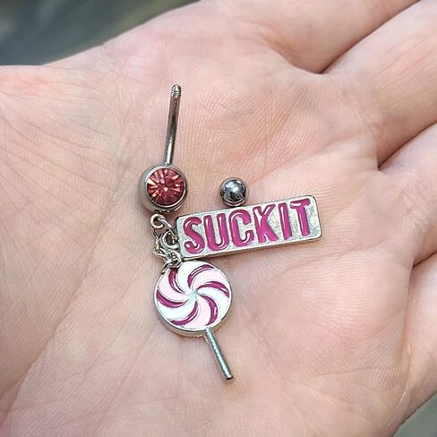 14G BELLY RING PINK CZ GEM 316L Surgical Steel Suck It Dangle Belly Button Rings Pink Lollipop Dangle Lext Sexy Bercings Jewelry 7/16 "(11mm) in Saudi Arabia