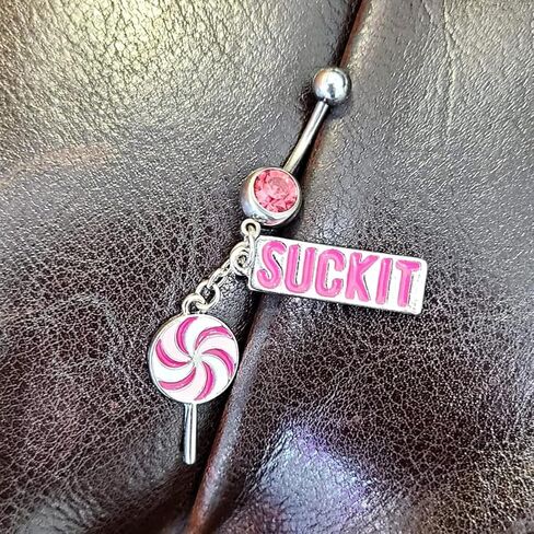 14G BELLY RING PINK CZ GEM 316L Surgical Steel Suck It Dangle Belly Button Rings Pink Lollipop Dangle Lext Sexy Bercings Jewelry 7/16 "(11mm) in Saudi Arabia