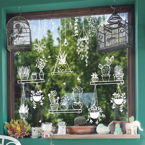 JarThenaAMC 37Pcs Potted Plant Window Clings Spring Summer Window Stickers White Cactus Succulent Double-Sided Glass Decals for Home Classroom Office Party Decor, 9 Sheets in Saudi Arabia