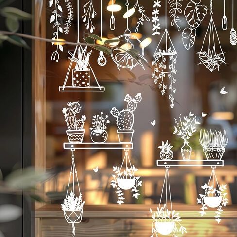 JarThenaAMC 37Pcs Potted Plant Window Clings Spring Summer Window Stickers White Cactus Succulent Double-Sided Glass Decals for Home Classroom Office Party Decor, 9 Sheets in Saudi Arabia