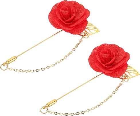 MECCANIXITY 2Pcs Flower Lapel Stick Brooch Pin with Gold Leaf Brooch Satin Tassel Chain Dangling Handmade Boutonnieres Pins for Suit Collar Wedding Party, Dark Yellow in Kuwait