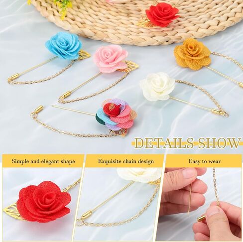 MECCANIXITY 2Pcs Flower Lapel Stick Brooch Pin with Gold Leaf Brooch Satin Tassel Chain Dangling Handmade Boutonnieres Pins for Suit Collar Wedding Party, Dark Yellow in Kuwait
