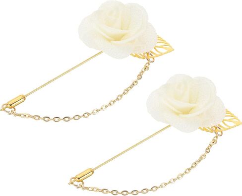 MECCANIXITY 2Pcs Flower Lapel Stick Brooch Pin with Gold Leaf Brooch Satin Tassel Chain Dangling Handmade Boutonnieres Pins for Suit Collar Wedding Party, Dark Yellow in Kuwait