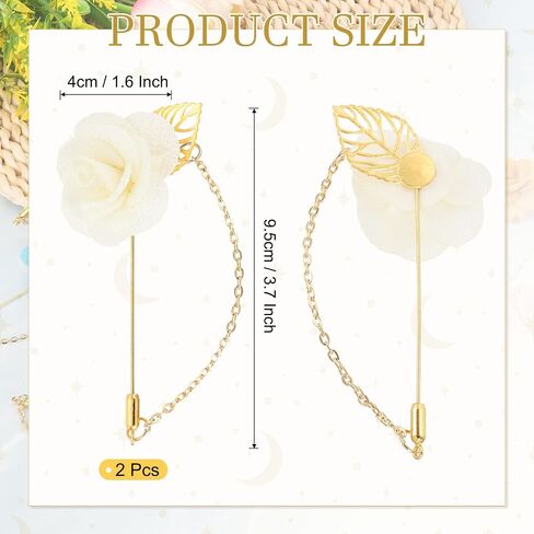 MECCANIXITY 2Pcs Flower Lapel Stick Brooch Pin with Gold Leaf Brooch Satin Tassel Chain Dangling Handmade Boutonnieres Pins for Suit Collar Wedding Party, Dark Yellow in Kuwait