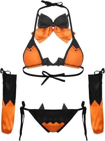 JanJean ملابس داخلية نسائية للهالوين، أزياء حفلات الهالوين، مجموعة ملابس داخلية بيكيني الشيطان، ملابس نوم برتقالية من النوع B، مقاس واحد in Kuwait
