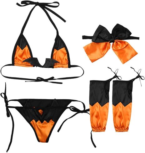 JanJean ملابس داخلية نسائية للهالوين، أزياء حفلات الهالوين، مجموعة ملابس داخلية بيكيني الشيطان، ملابس نوم برتقالية من النوع B، مقاس واحد in Kuwait