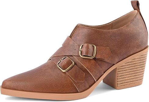 Chunky Heel Penny Loafers for Women Closed Pointed Toe Block Heels Cross Buckle Strap Slip On Classic Vintage Pumps Dress Shoes Elegant for Work Office Party Daily Wear in Saudi Arabia