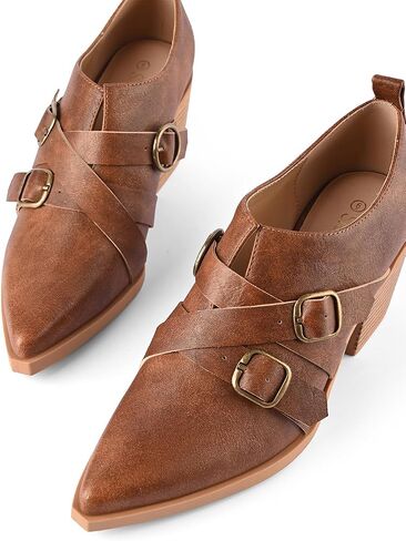 Chunky Heel Penny Loafers for Women Closed Pointed Toe Block Heels Cross Buckle Strap Slip On Classic Vintage Pumps Dress Shoes Elegant for Work Office Party Daily Wear in Saudi Arabia