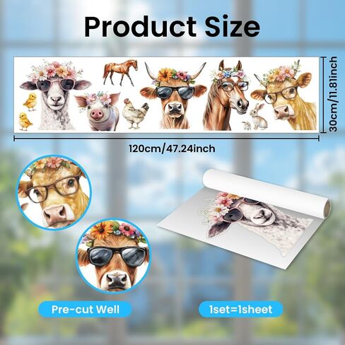 ANATTASOUL Static Window Clings Cow and Horse 1 Sheet Reusable Window Decals for Glass, 47.24" x 11.8" Removable Double Sided Window Sticker for Room Office Home Decoration in Saudi Arabia