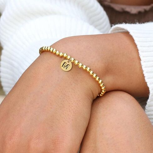 BAYLAY Gold Initial Bracelets for Women Jewelry, 14K Gold Plated Beaded Letter Bracelet Dainty Disc Charm Bracelets for Women Trendy Jewelry Gifts in Kuwait