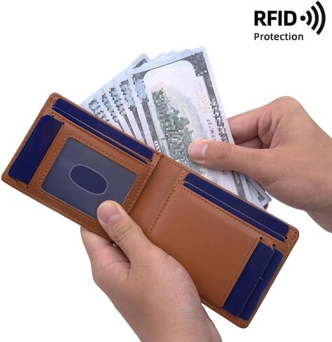 نحيف RFID LOURDE PU BIFOLD WALLET للرجال والنساء ، حامل بطاقة الحد الأدنى مع نافذة معرف وجيب نقدي (بني غامق) in Saudi Arabia