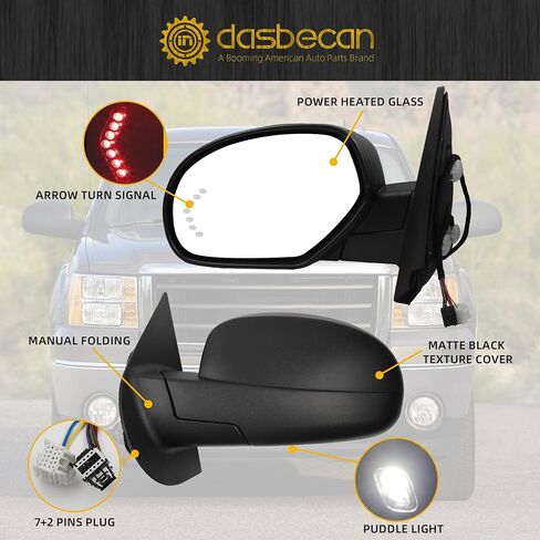 مرآة جانبية للركاب Dasbecan متوافقة مع 2007-2013 Chevy Silverado ، GMC Sierra Yukon المرآة اليمنى مع زجاج الطاقة ، الساخنة ، طي يدوي ، غطاء كروم استبدال# GM1321340 (5pins) in Kuwait