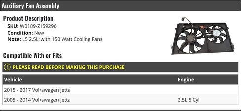 Auxiliary Radiator Fan Assembly - Compatible with 2005-2017 Volkswagen Jetta 2.5L 5-Cylinder with 150 Watt Cooling Fans in Saudi Arabia