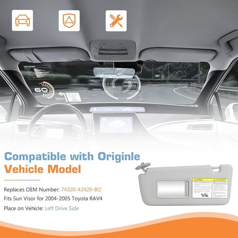 Sun Visor for 2004 2005 Toyota RAV4, Gray Left Driver Side Sunvisor Without Light, Replacement 74320-42420-B0 in Saudi Arabia