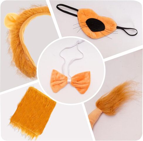 6Pcs Lion Costume Lion Ears Headband and Tail Set Nose Bowtie Gloves Halloween Cosplay Accessories Party Supplies for Kids Adults Brown in Saudi Arabia