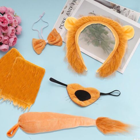 6Pcs Lion Costume Lion Ears Headband and Tail Set Nose Bowtie Gloves Halloween Cosplay Accessories Party Supplies for Kids Adults Brown in Saudi Arabia